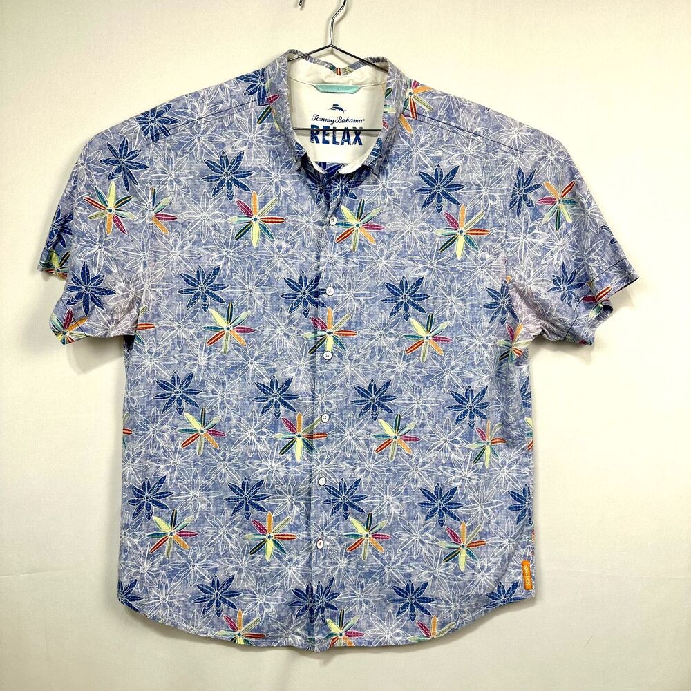 Tommy Bahama Relax Blue Floral Tropical Cotton Short Sleeve Camp Button Shirt XL